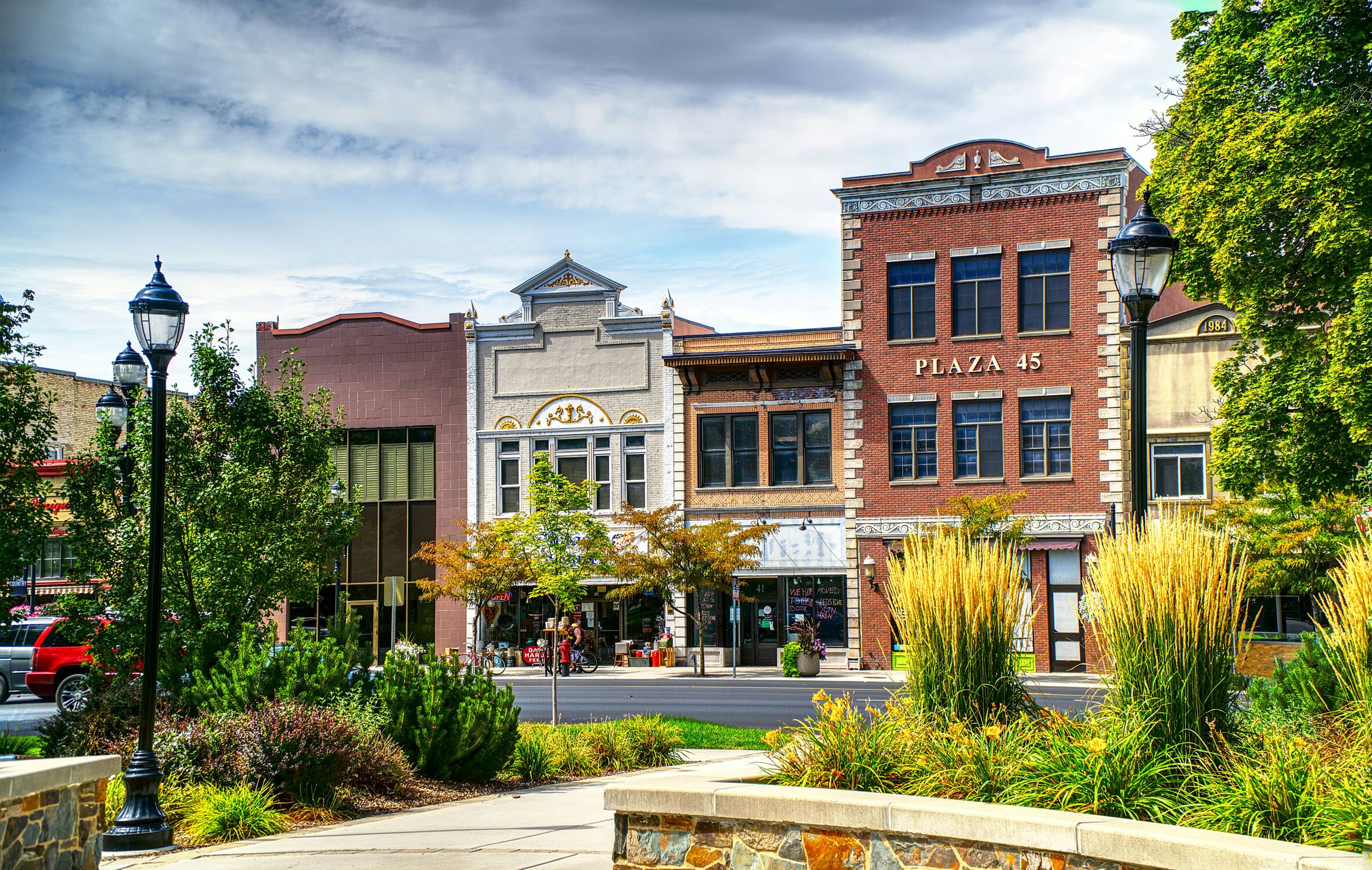 Main Street storefronts at sunset